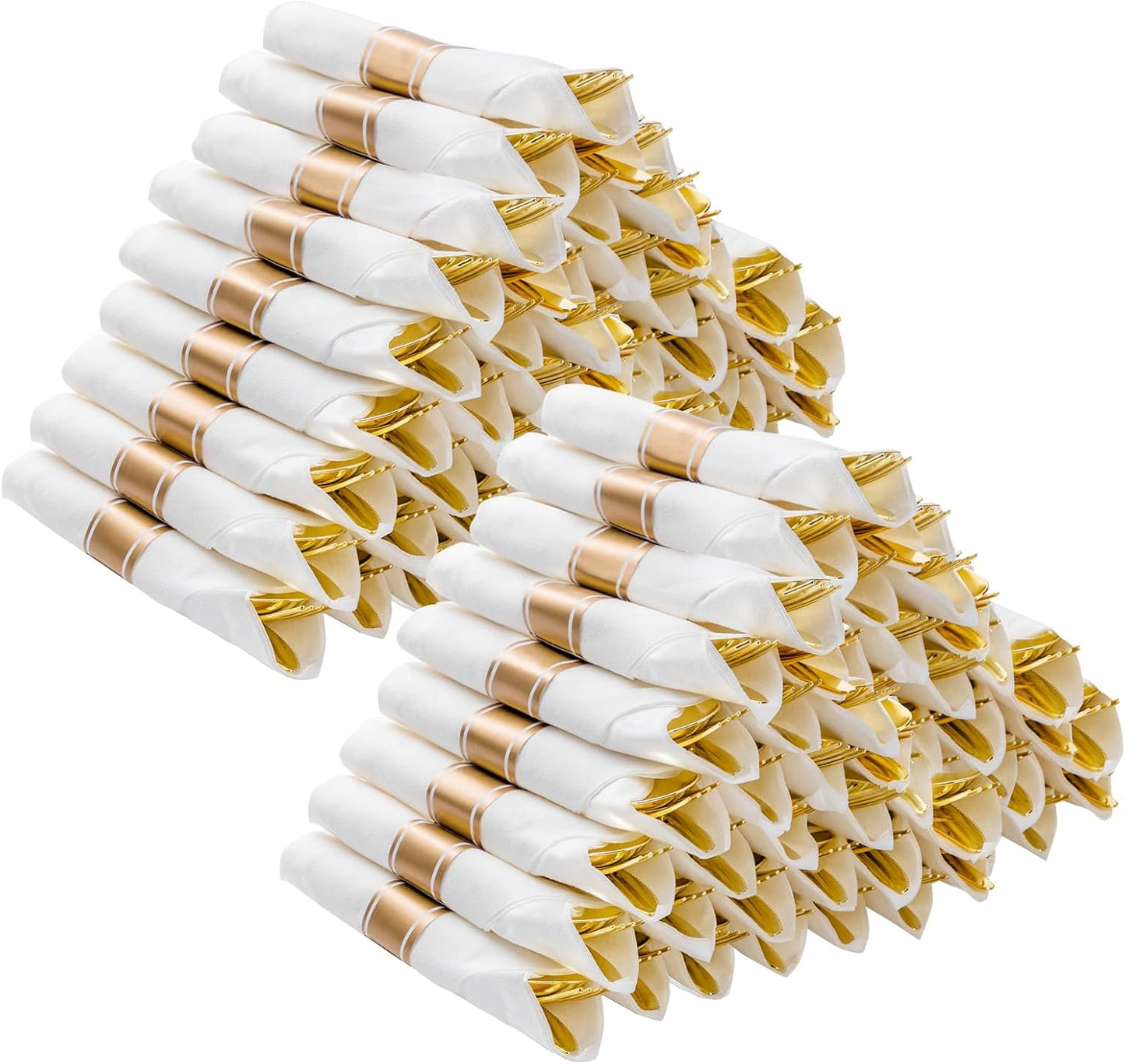 BESTVIP 100 Pack Pre Rolled Gold Plastic Silverware Set for Parties