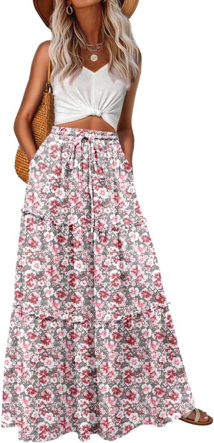 Lepunuo Womens Casual Boho High Waisted Flowy Maxi Skirts