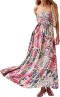 Women Boho Floral Maxi Dress Backless Spaghetti Strap A-Line