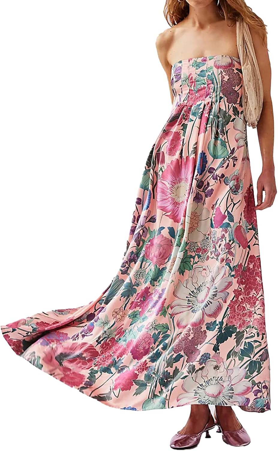 Women Boho Floral Maxi Dress Backless Spaghetti Strap A-Line