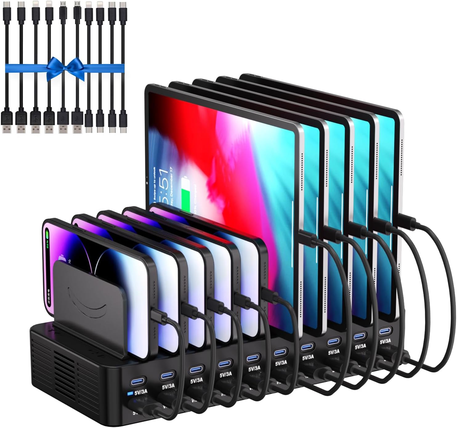 270W Charging Station for Multiple Devices with Adjustable Dividers