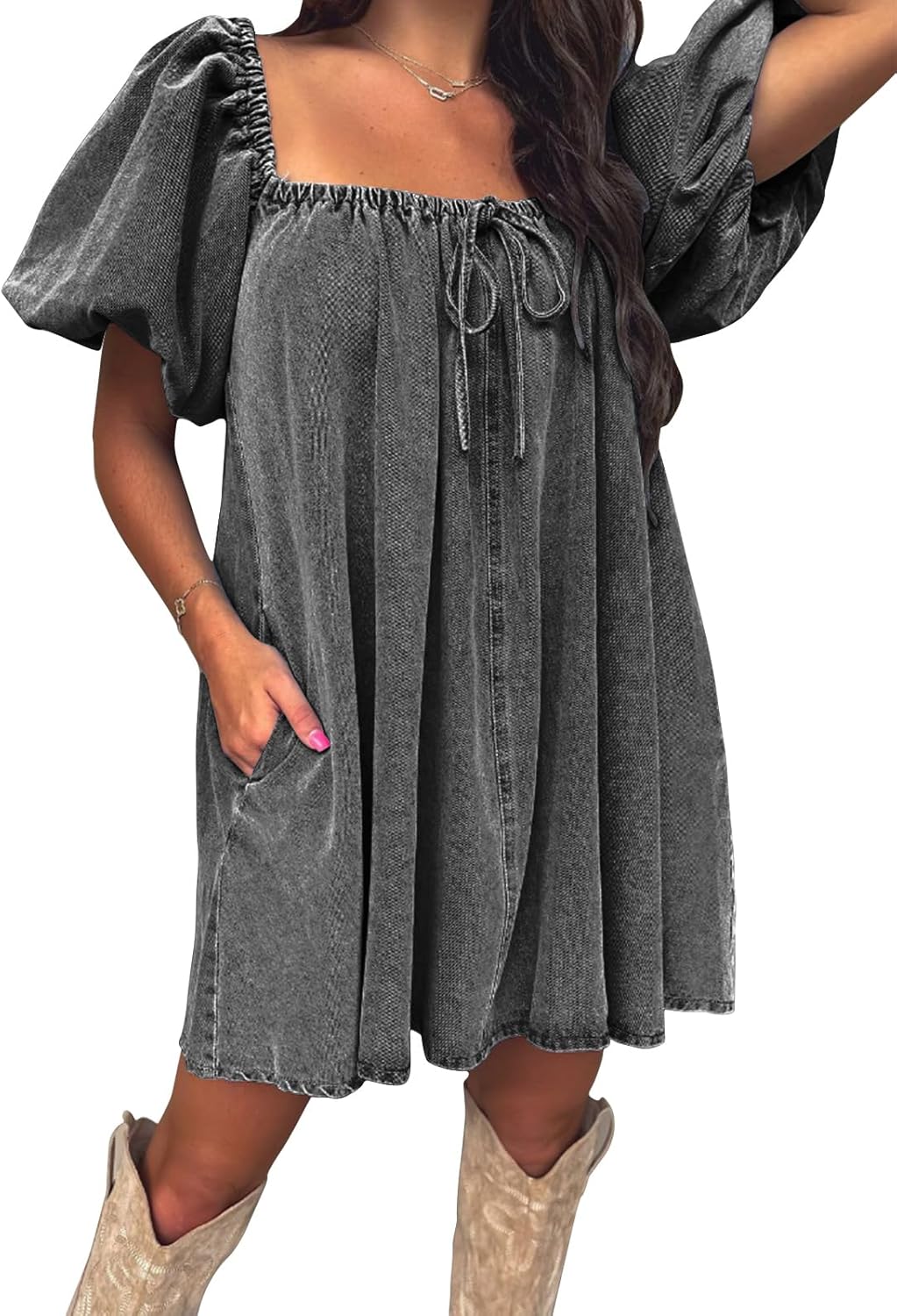 EXLURA Womens Summer Denim Short Puff Sleeve Dress for Style