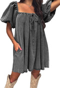 Womens Knitted Washed Denim Short Puff Sleeve Mini Dress - Summer Fit