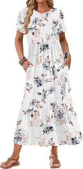 Womens Summer Maxi Dress Short Sleeve Crewneck - Flowy Pockets
