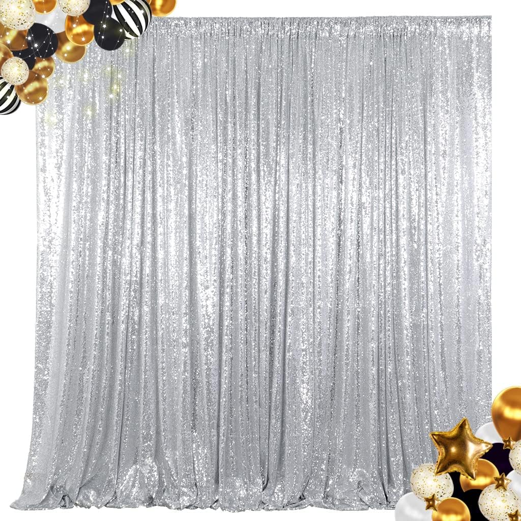 ShinyBeauty 8FTx8FT Silver Sequin Backdrop for Stunning Events