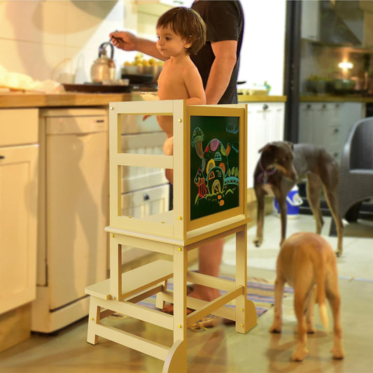 Toddler Kitchen Stool Helper with Chalkboard Safety Rail for Kids