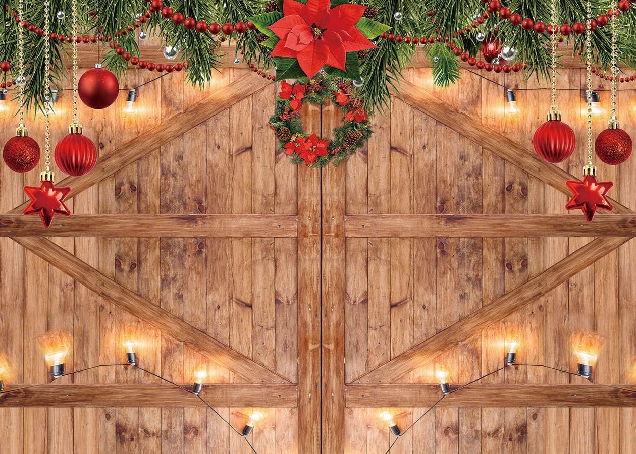 10x8FT Rustic Christmas Barn Wood Door Backdrop for Photography