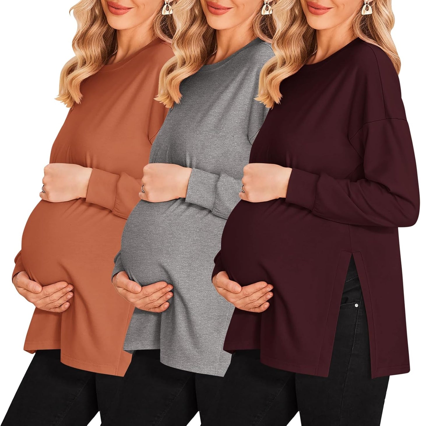Ekouaer Maternity Shirts 3 Pack Long Sleeve Side Ruched Tops