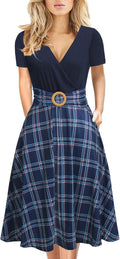 Women's Criss-Cross V Neck Fit and Flare Tea Dress with Pockets Flower
