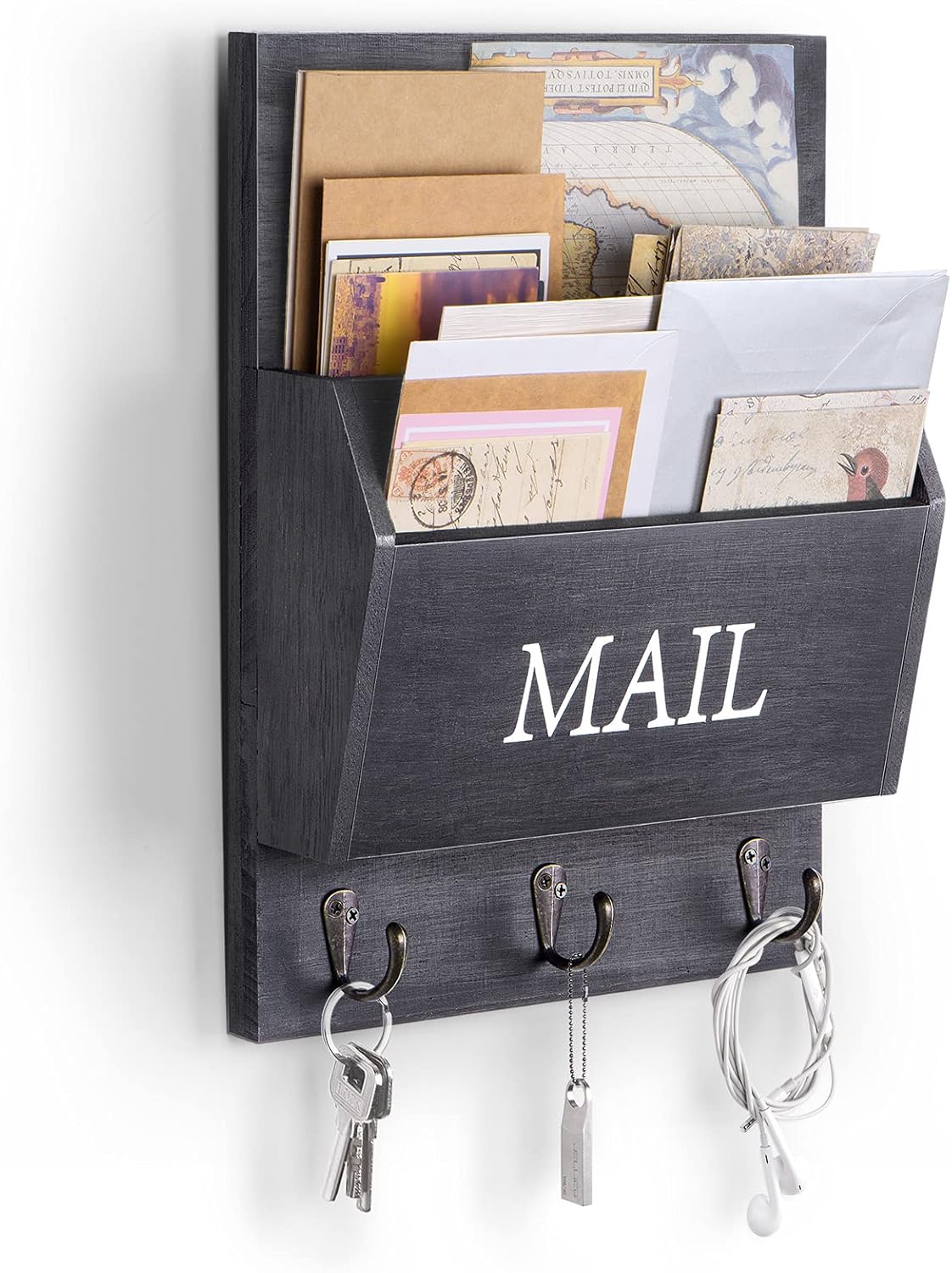 Rustic Mail Organizer with Key Holder for Wall - Black Design