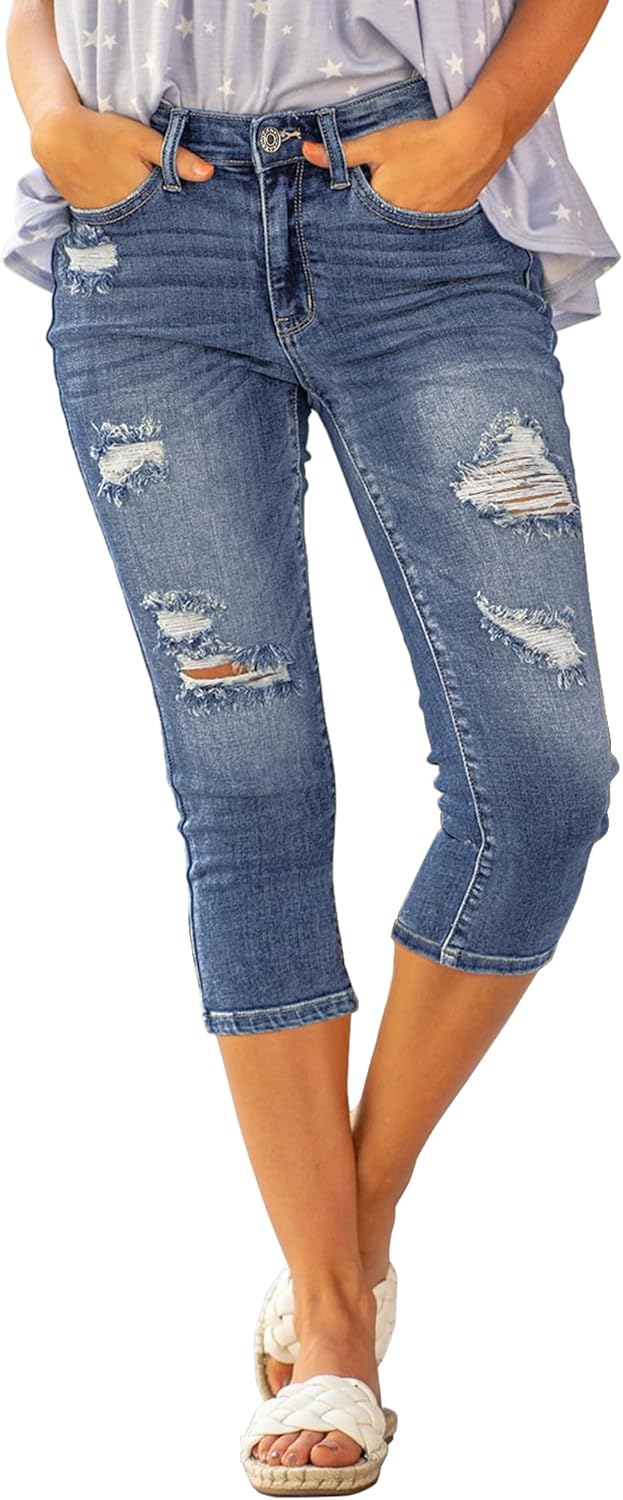 Luvamia Womens Capri Jeans High Waisted Skinny Ripped Denim