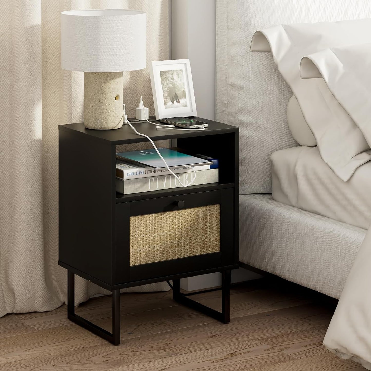 Masupu Extra Large Rattan Nightstand for Modern Farmhouse Style