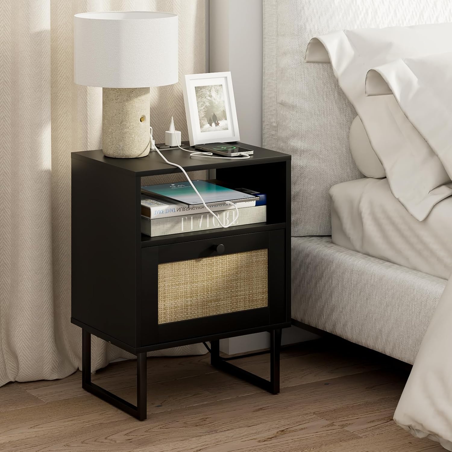 Masupu Extra Large Rattan Nightstand for Modern Farmhouse Style