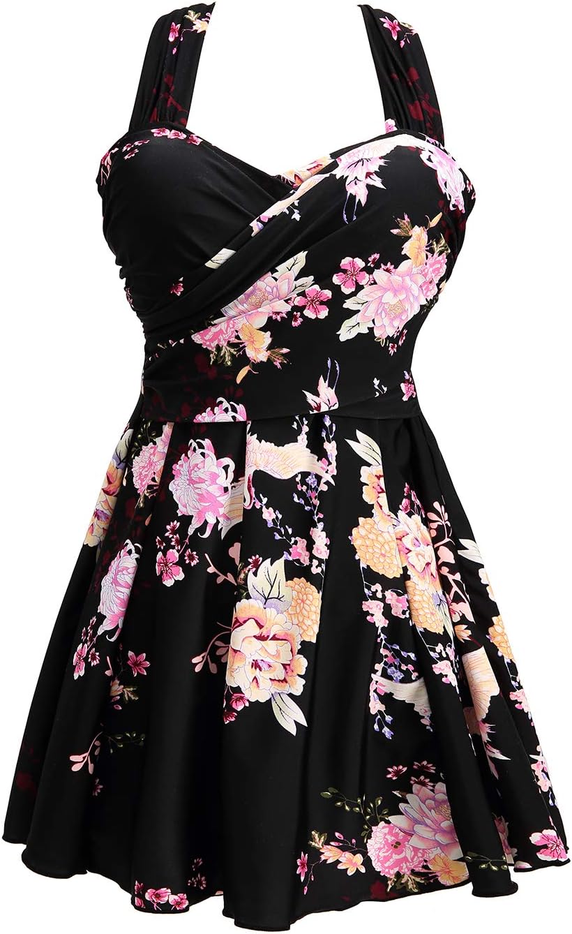 Elegant Crossover One Piece Swimdress for Women with Floral Skirt