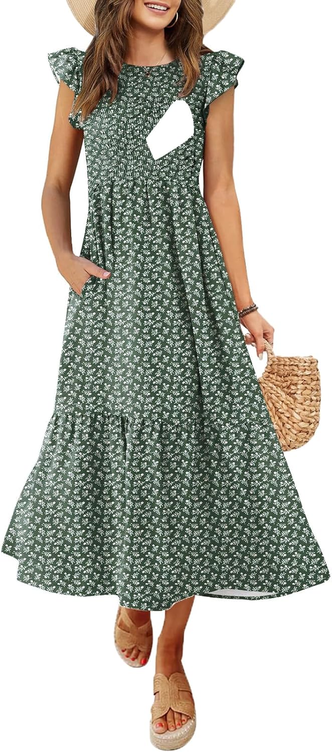 Women's Nursing Dress with Flutter Sleeves and Pockets