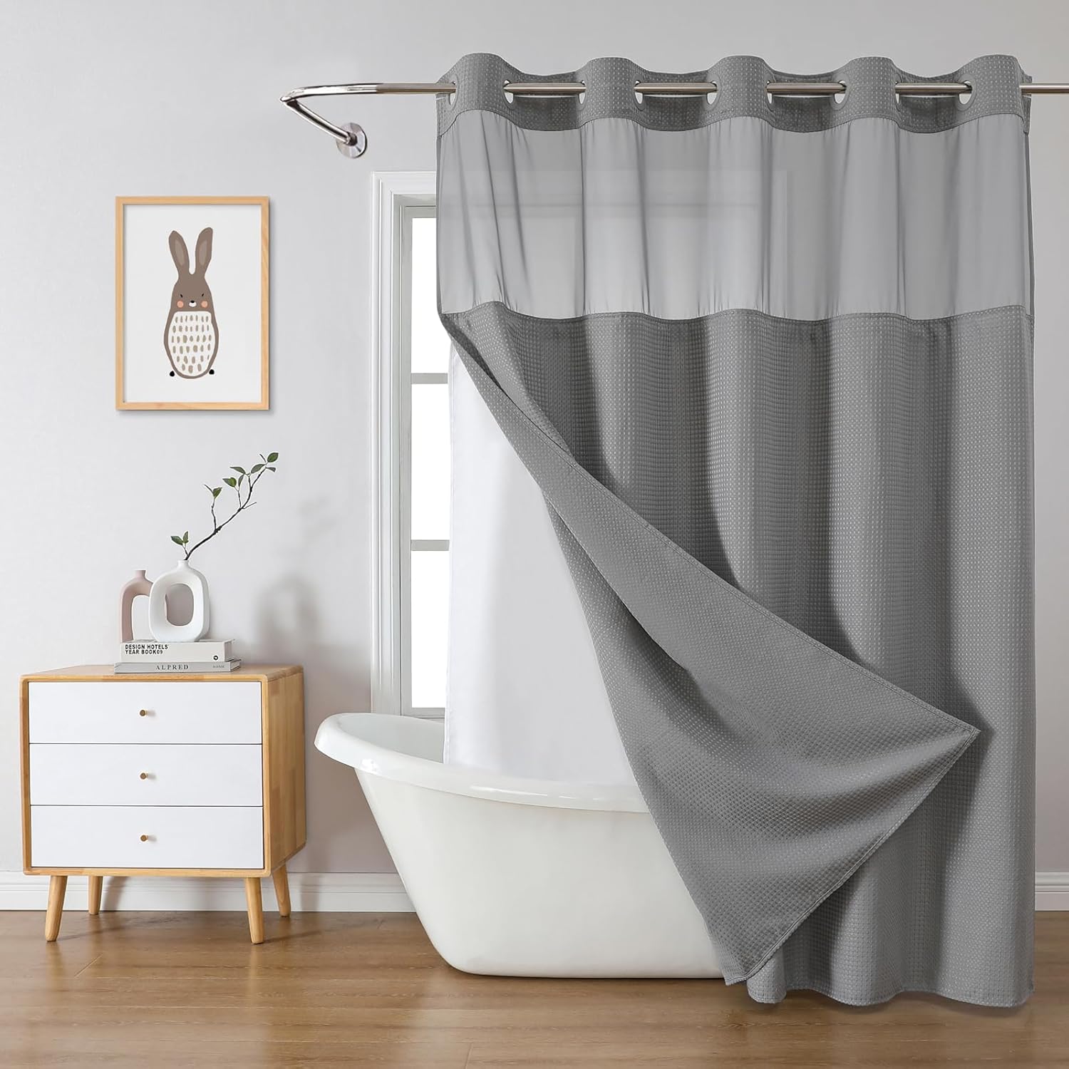 Grey Extra Long Waffle Weave Shower Curtain with Snap-In Liner