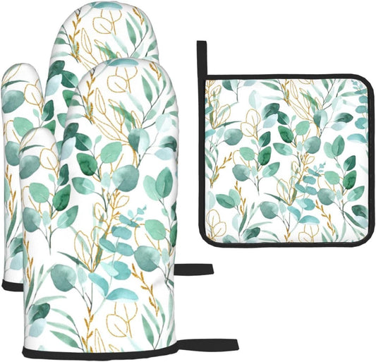 Sage Green Heat-Resistant Botanical Oven Set
