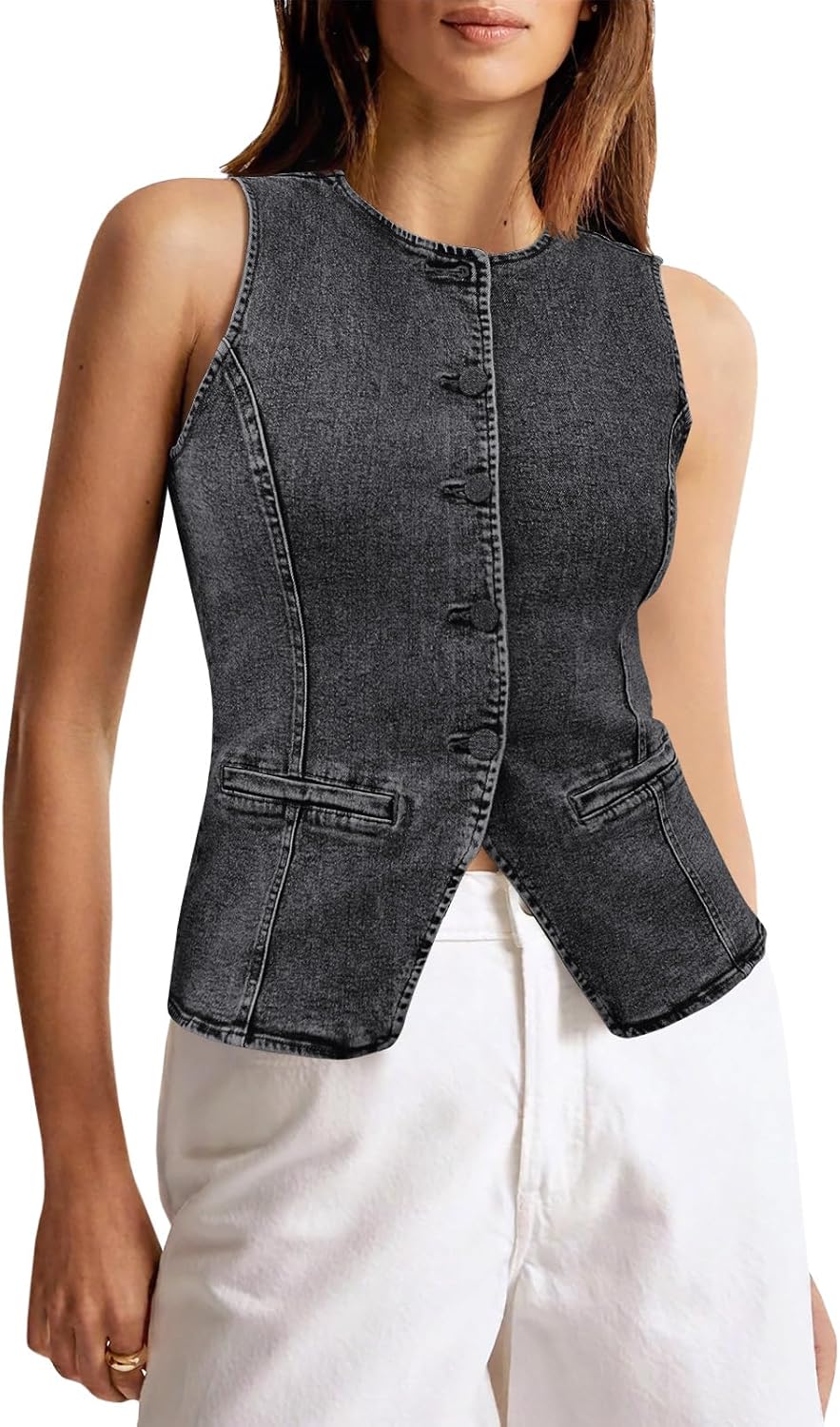 Trendy Womens Button Down Denim Vest Tops for Summer Style