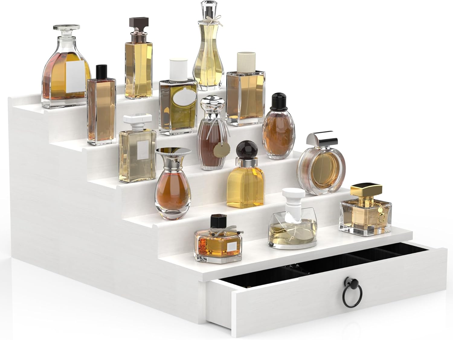 Cologne Organizer for Men - 5 Tier White Shelf with Drawer