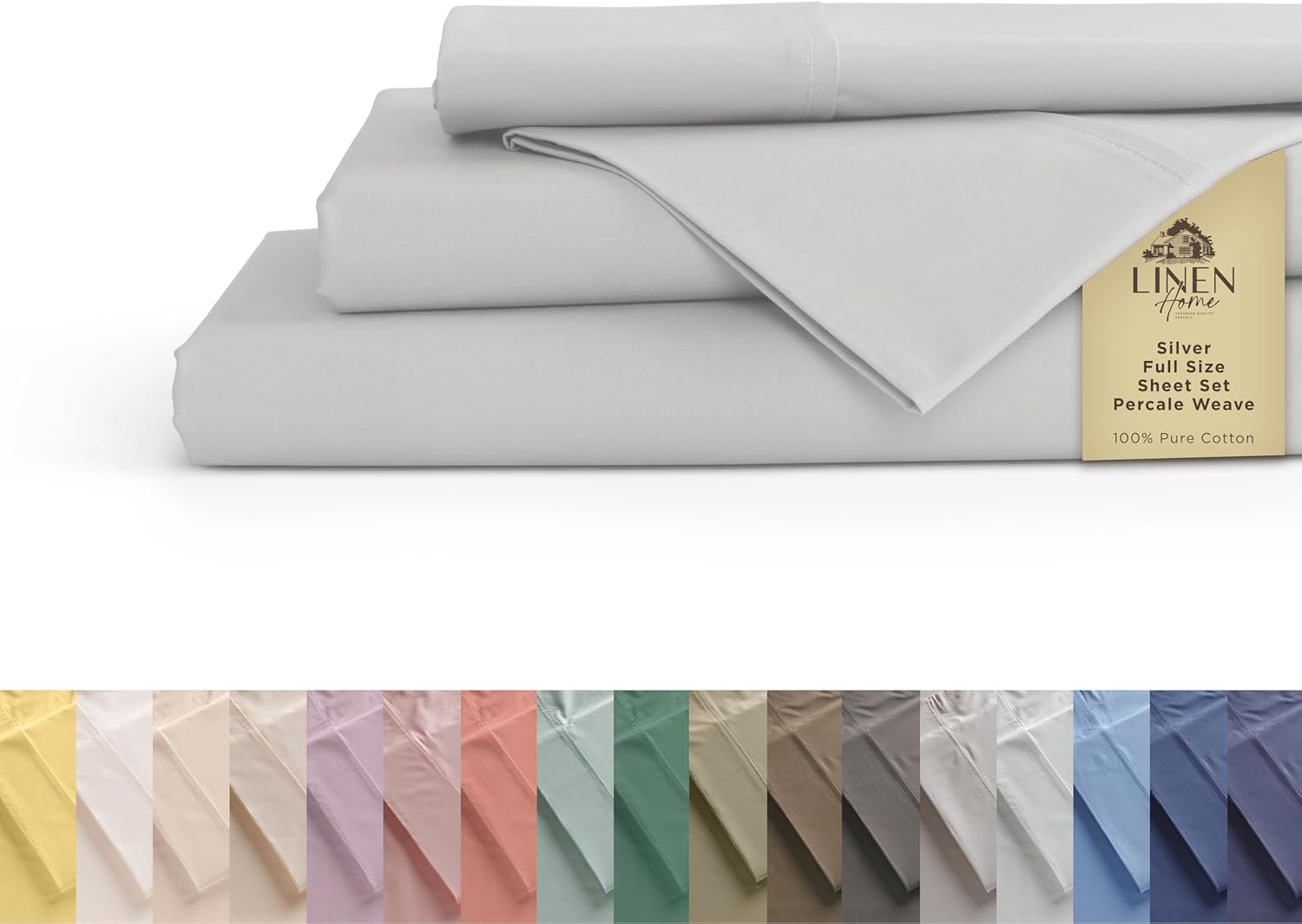 100% Cotton Percale Sheets Full Size Set in Silver Color