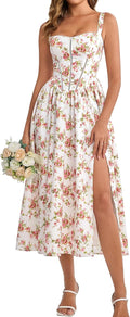 Floral Corset Midi Dress for Women - Flowy Slit Sundress 2025