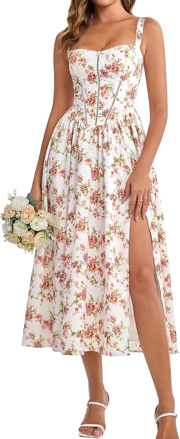 Floral Corset Midi Dress with Pockets for Summer Weddings