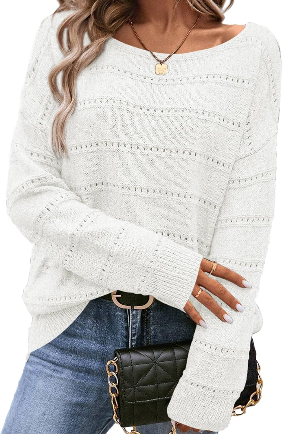 SHEWIN Women's Lightweight Crochet Long Sleeve Sweater for Fall