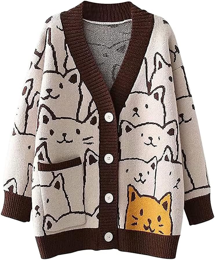 Arssm Cat Sweater for Women Oversized V Neck Knit Cardigan