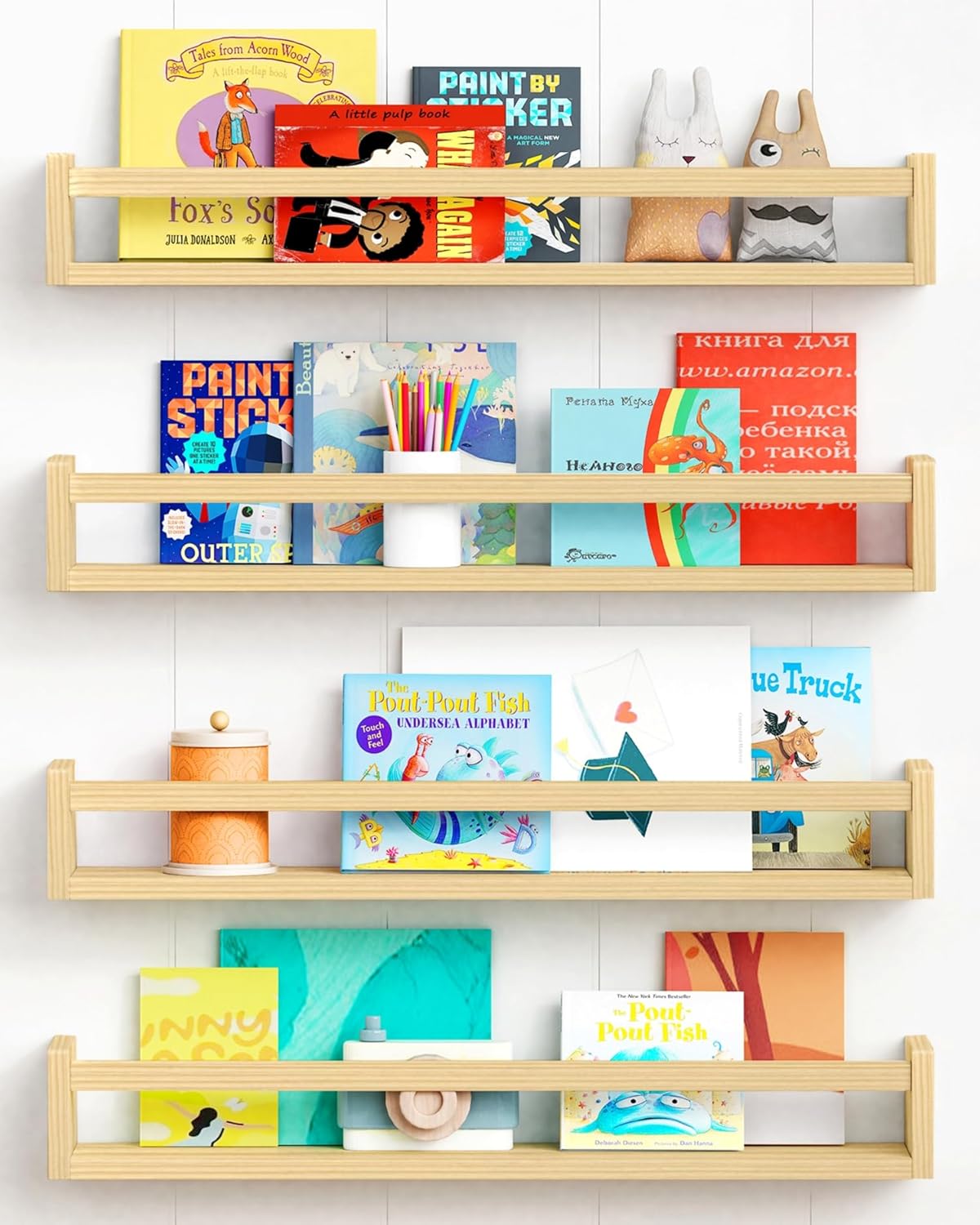 Natural Wood Nursery Bookshelves for Kids Room Organization