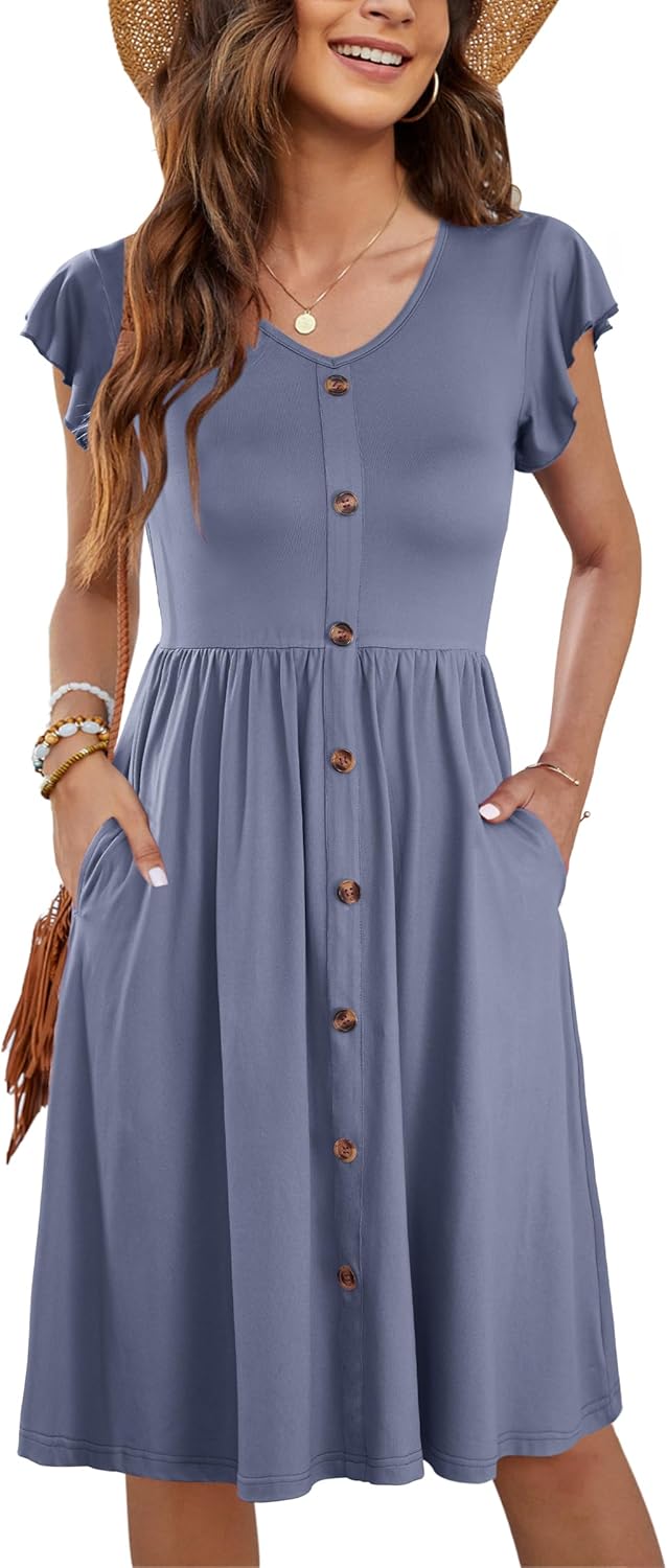 WNEEDU Women Summer Dresses Casual Loose Swing Midi Dress