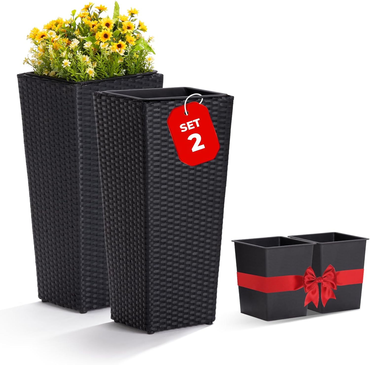 IDZO Wicker All-Weather Planter Set for Outdoor Herb Garden
