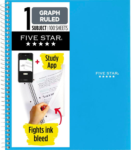 Five Star Graph Notebook + Study App, Ink Bleed Protection, Water Resistant, Tidewater Blue