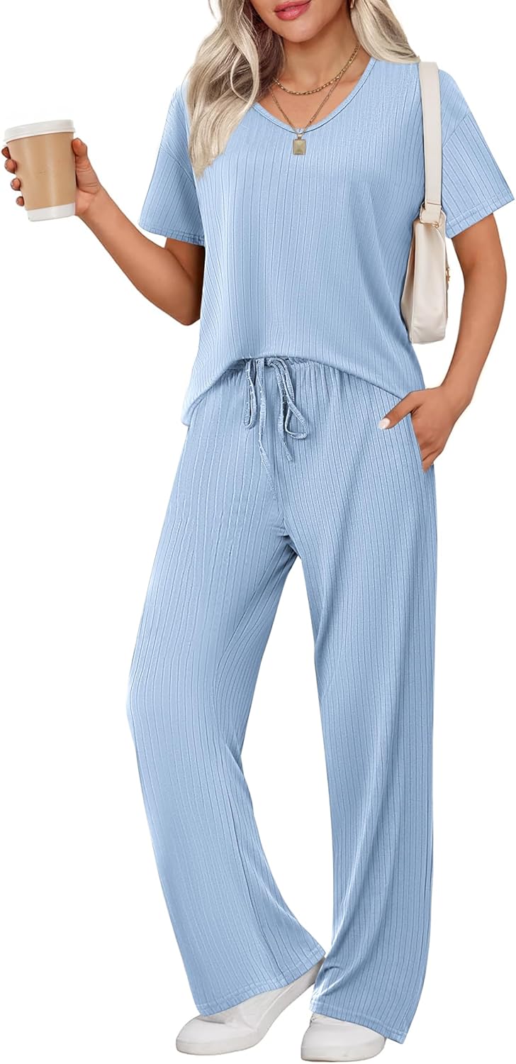 Ekouaer Womens Ribbed Knit Lounge Set for Cozy Sleepwear