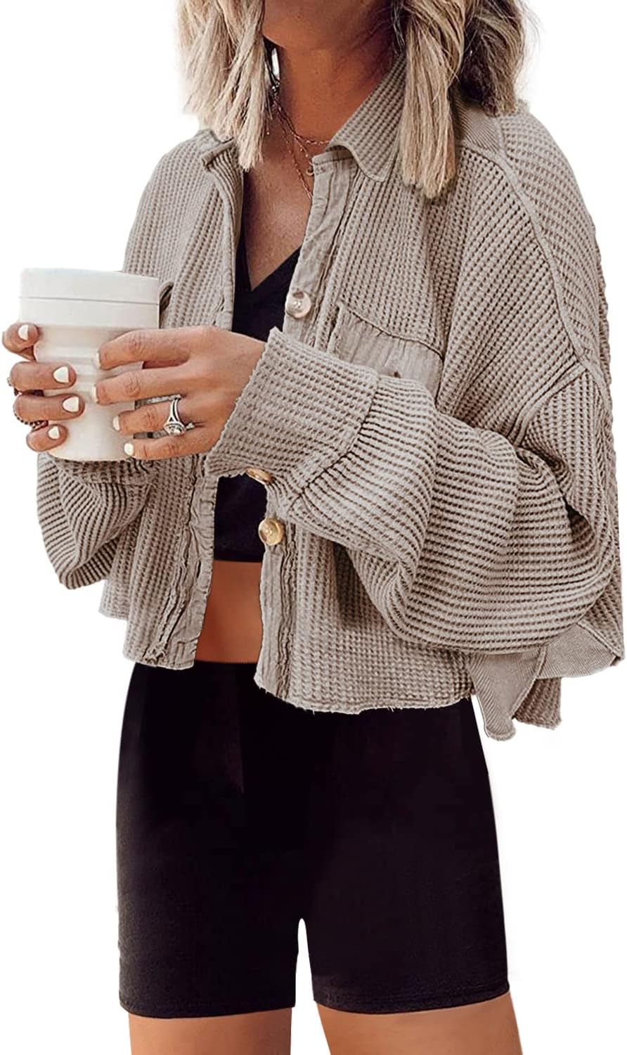 Cropped Waffle Knit Shacket for Women - Stylish and Comfy