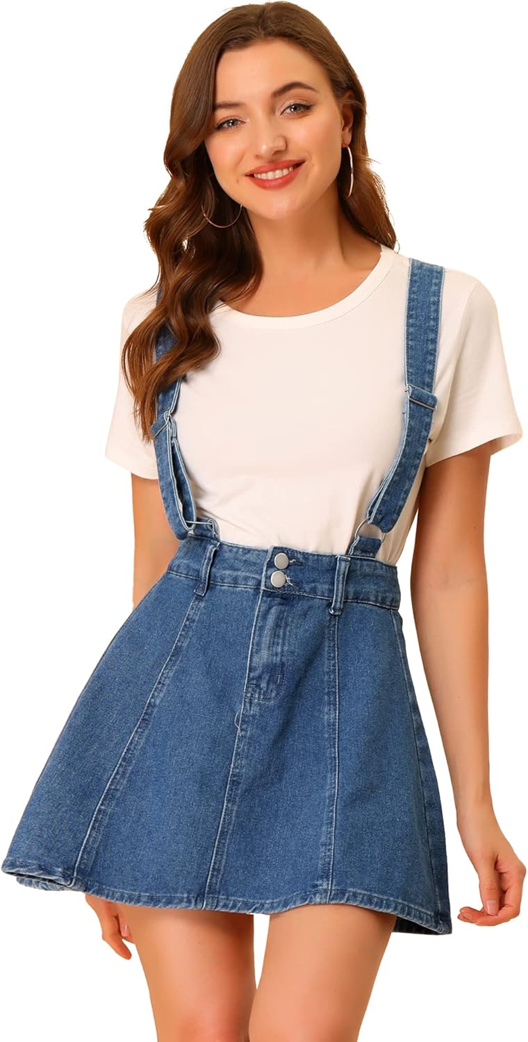 Allegra K Women's Denim Skirt Overall Adjustable Strap Mini
