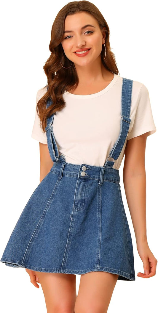 Allegra K Women's Denim Skirt Overall Adjustable Strap Mini