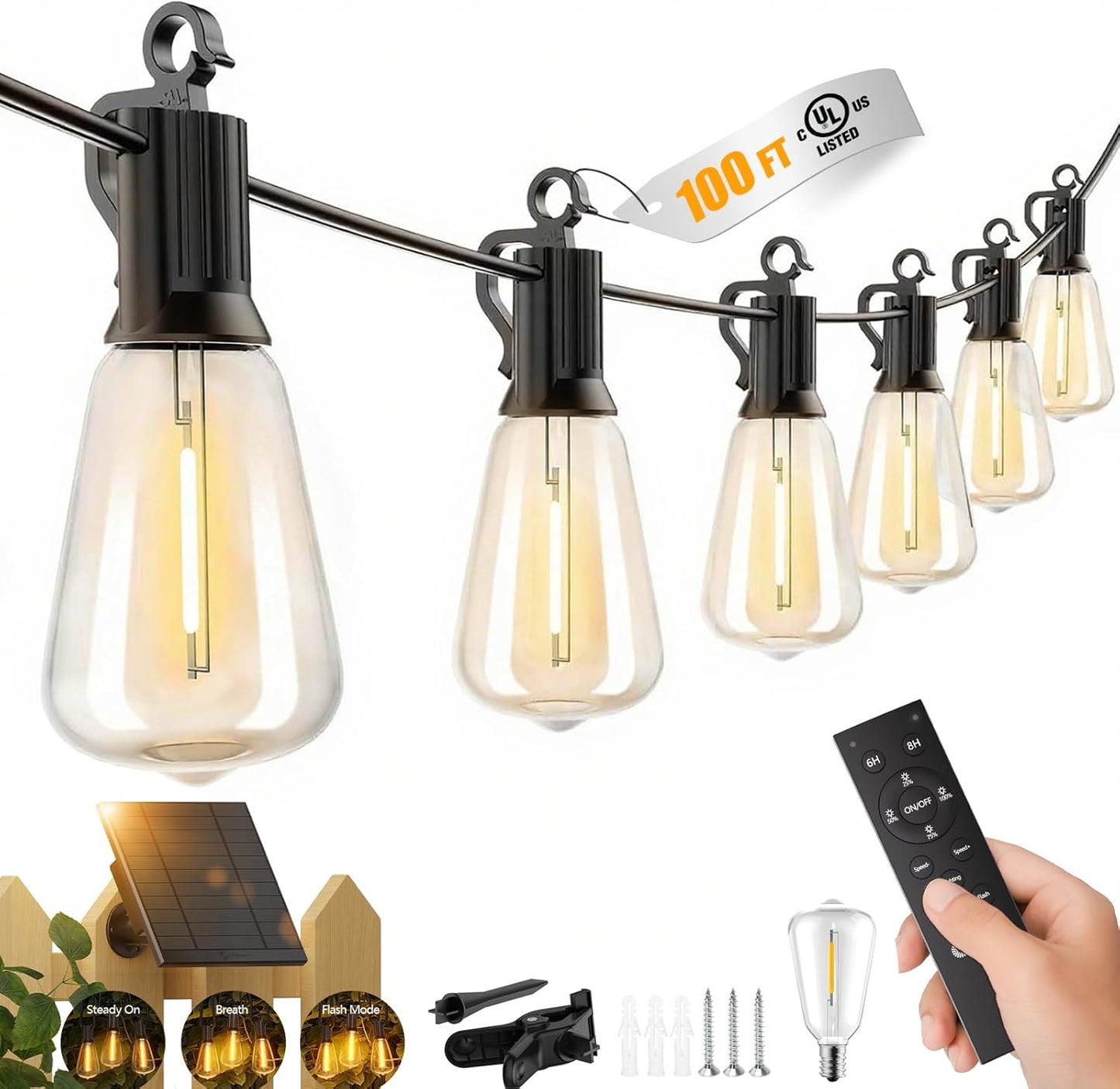 100FT Solar String Lights Outdoor Waterproof with Remote Control