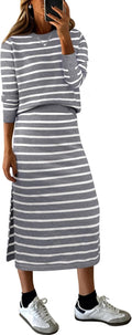 Women 2 Piece Outfits Striped Sweater Skirt Sets - Fall Midi Lounge