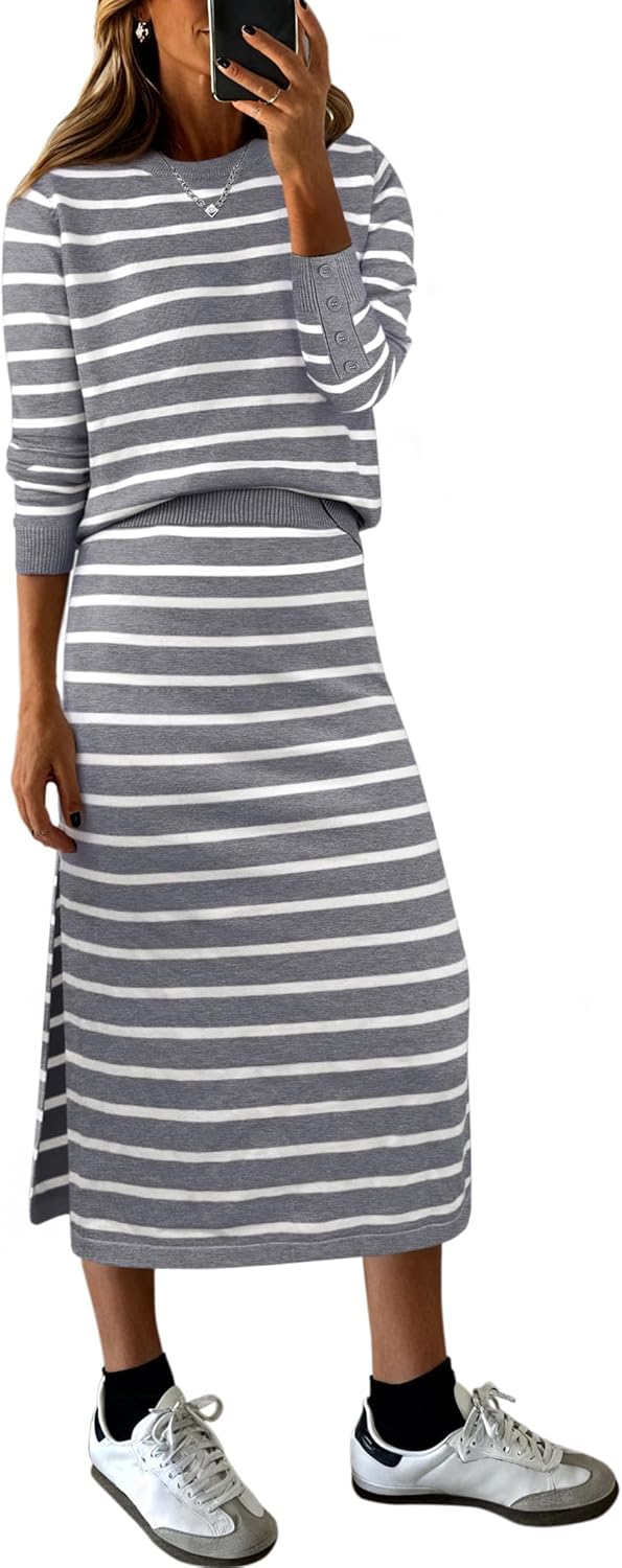 Women 2 Piece Outfits Striped Sweater Skirt Sets for Fall