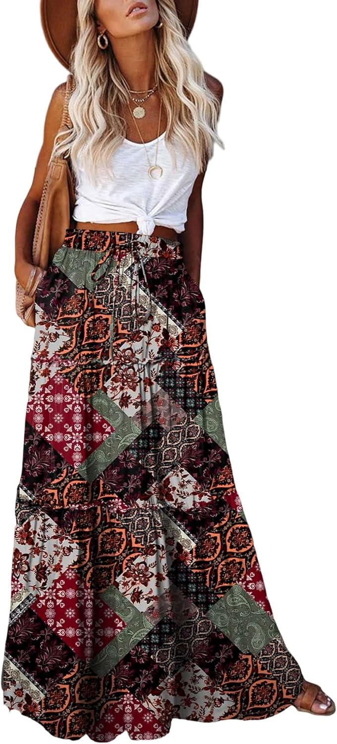 EARKOHA Womens Casual High Waist Tie Maxi Skirt with Pockets