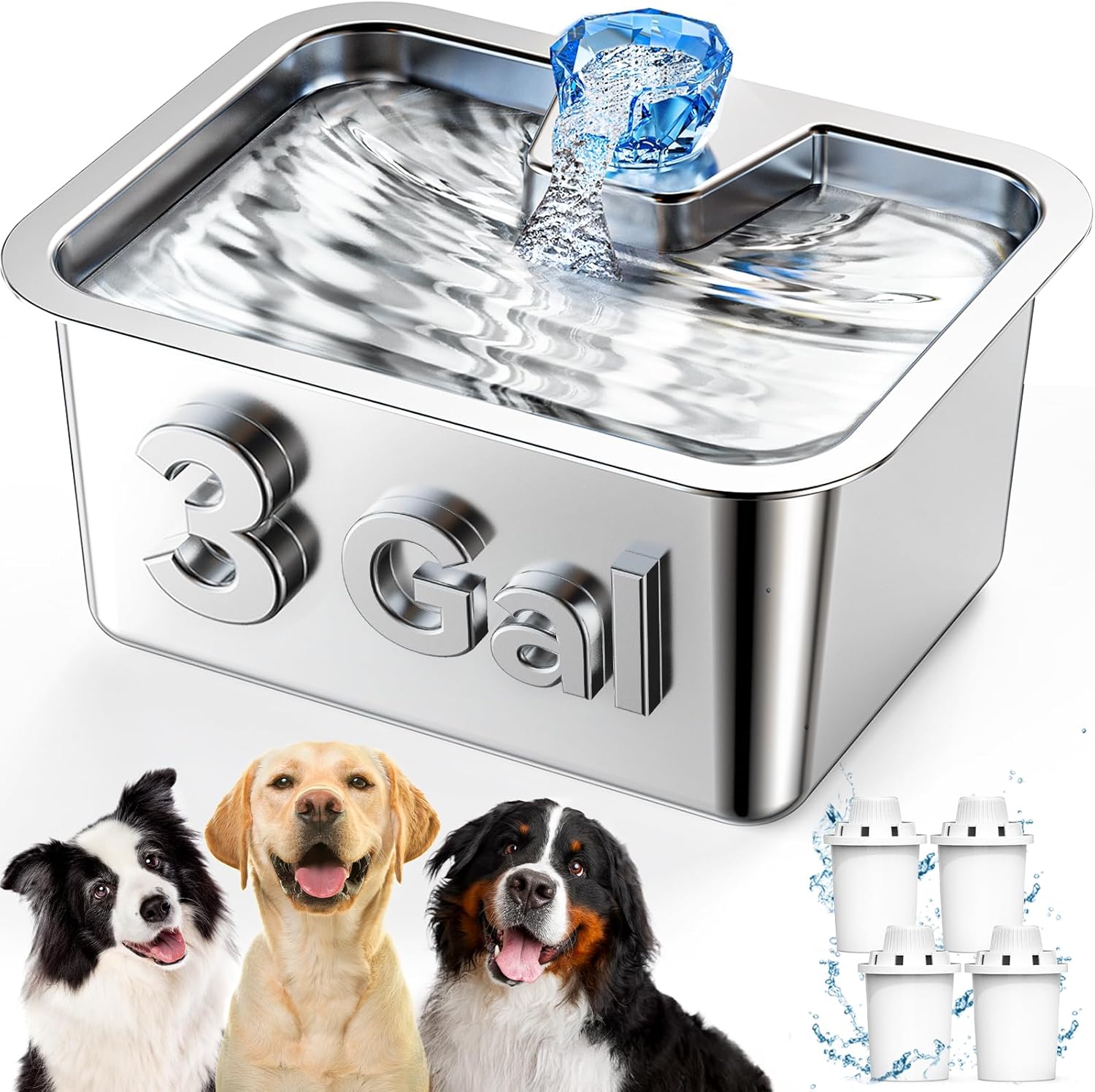 Large Dog Water Fountain Dispenser - 3 Gallon Stainless Steel