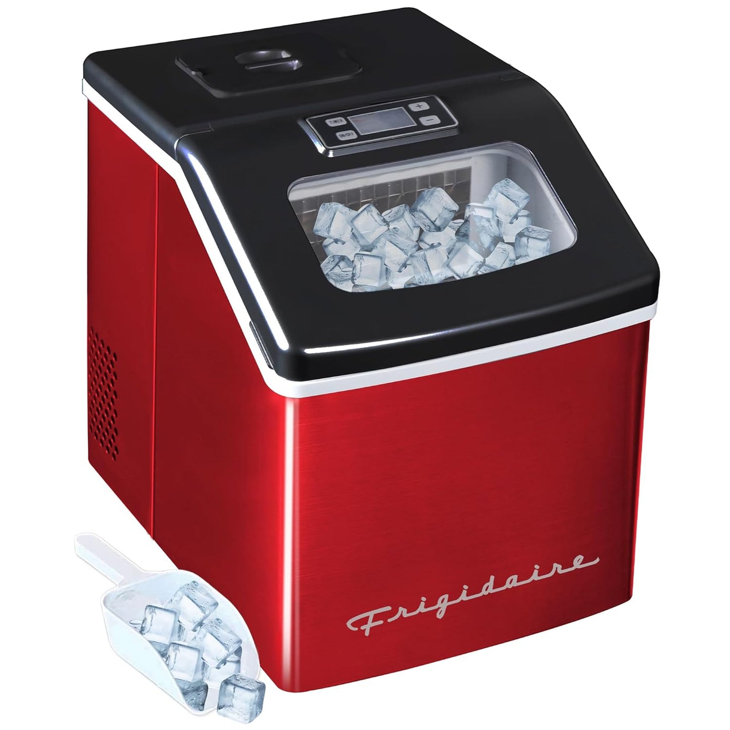Frigidaire XL Ice Maker: 40 Lbs/Day Clear Cubes, Red Steel