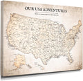 Vintage USA Map Canvas Wall Art - Large 30in x 24in Travel Map
