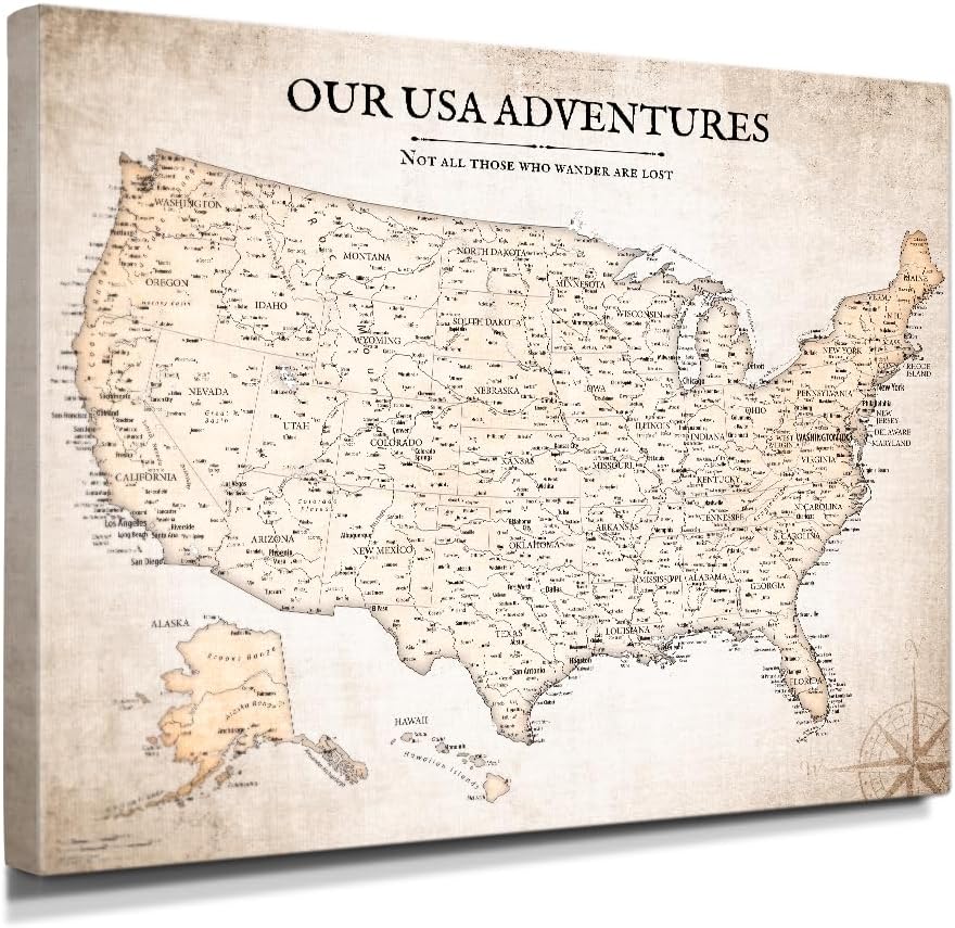 Vintage USA Map Canvas Wall Art for Travel Lovers - Ready to Hang