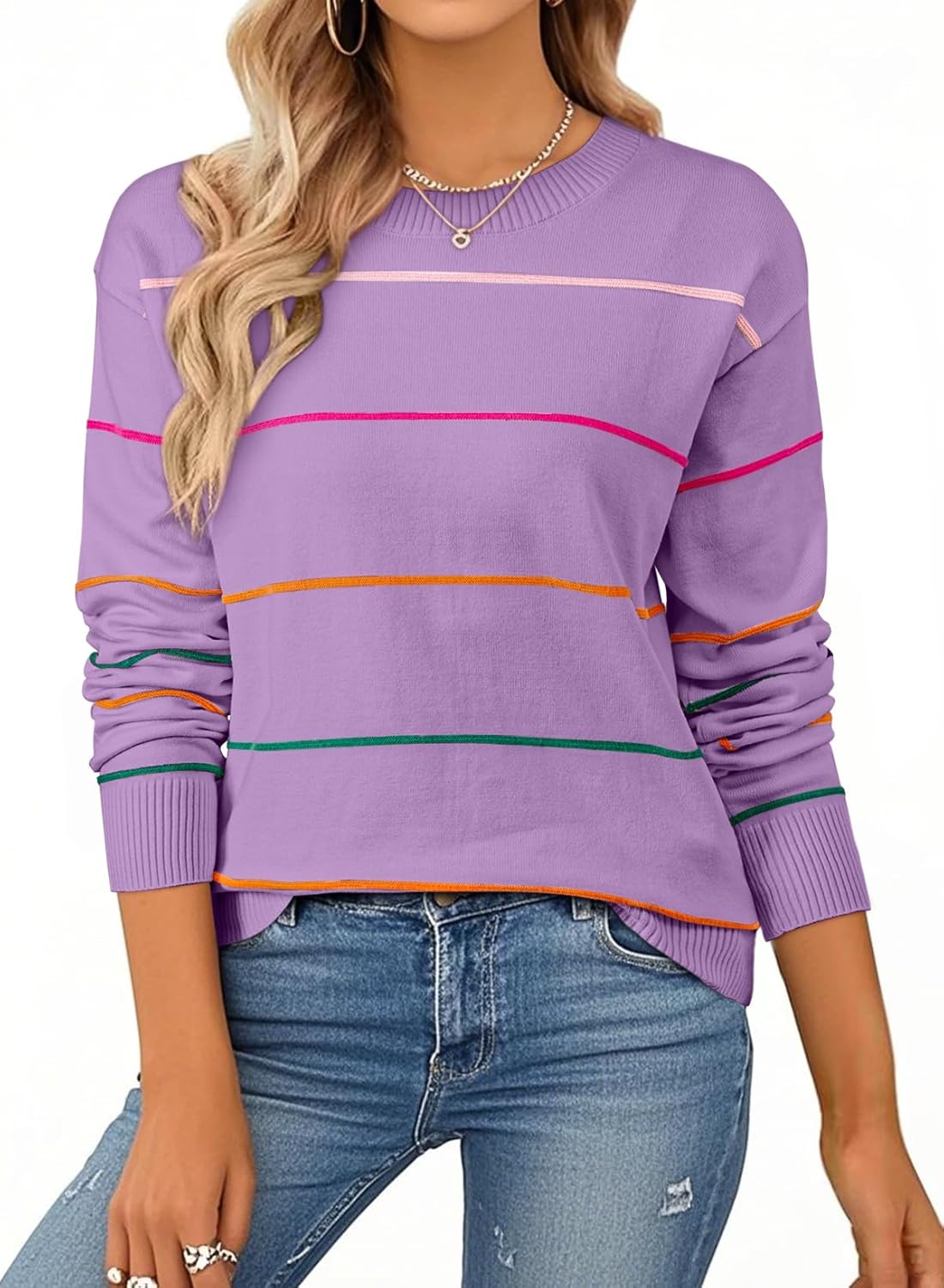 SHEWIN Womens Sweaters Crew Neck Knit Long Sleeve Striped Style