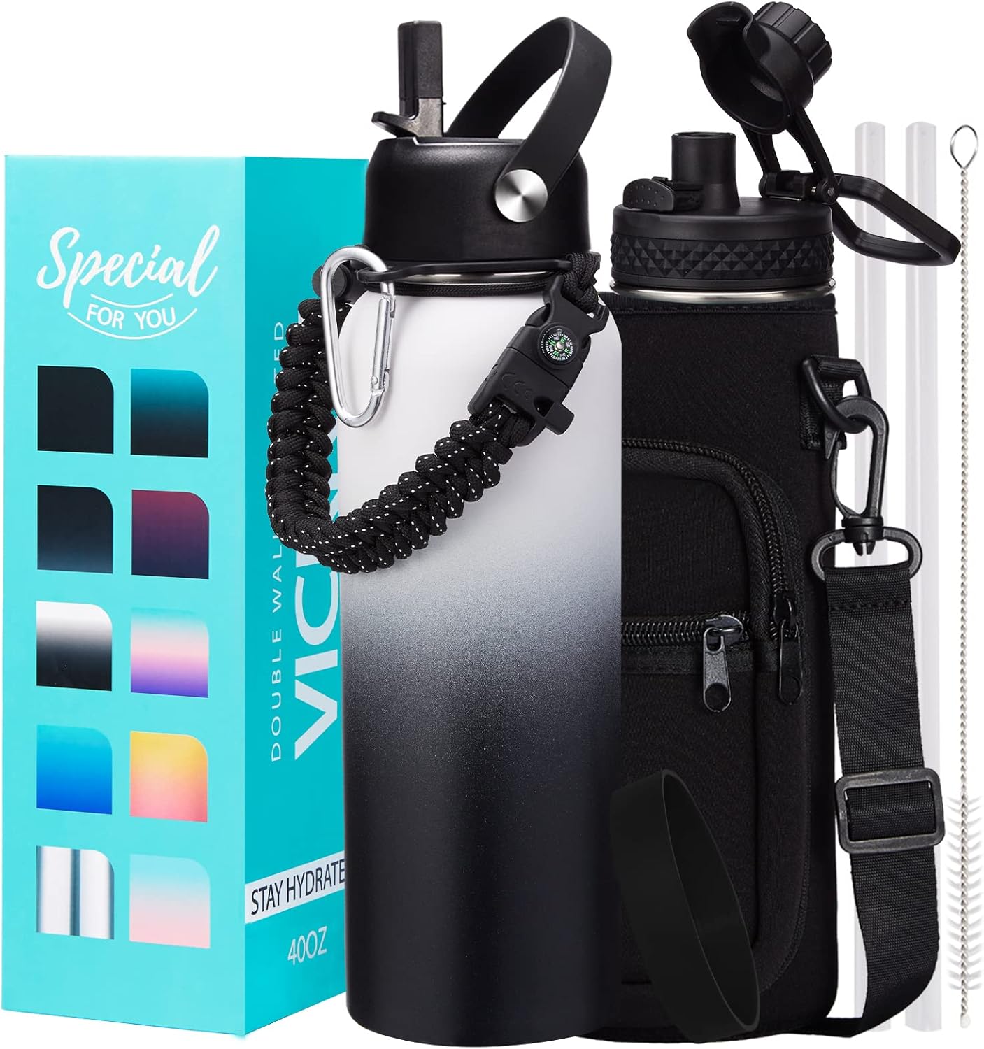 Insulated Water Bottle 40OZ - Cold-48h Hot-24h, Sweat-Proof