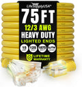 75ft Yellow 12/3 Heavy Duty Extension Cord 3-Outlet - Waterproof