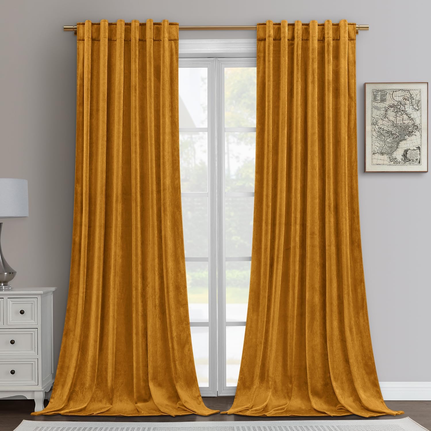 Mustard Yellow Velvet Curtains, 52x96 - Room Darkening Luxury