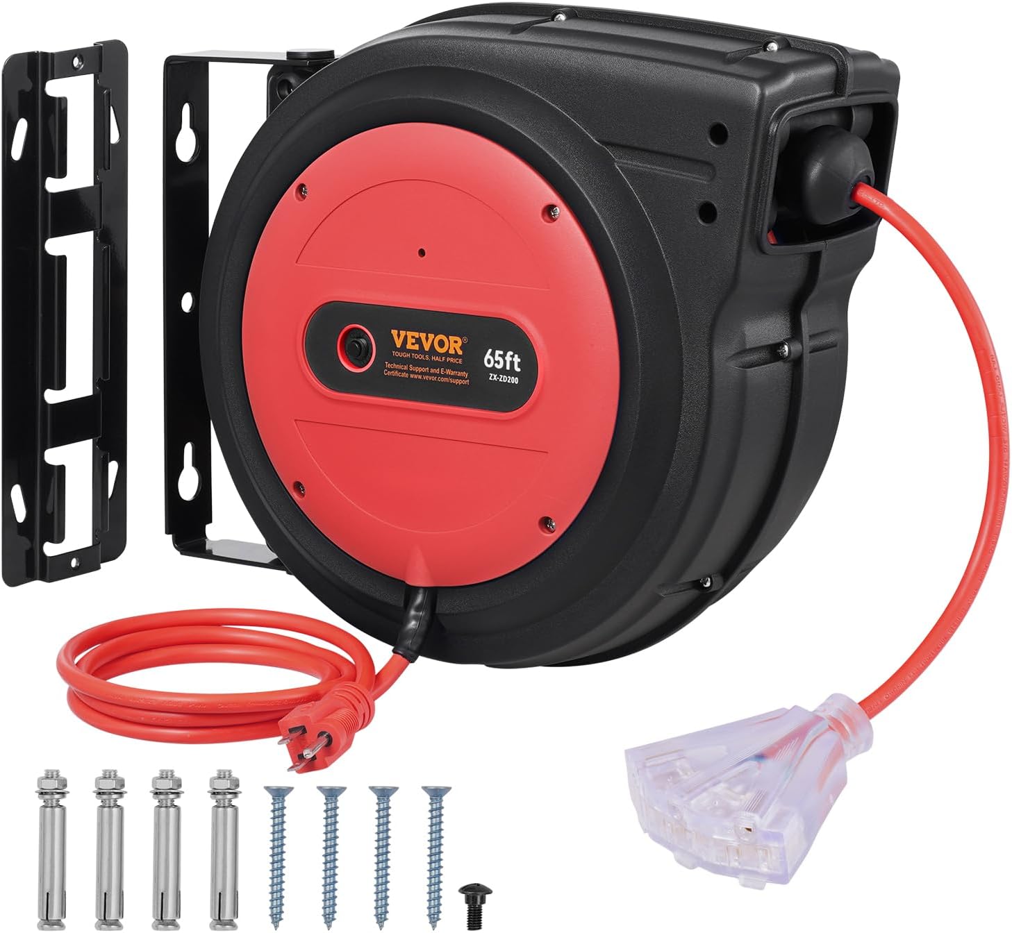 VEVOR 65 FT Retractable Extension Cord Reel with Lighted Outlet