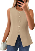 Sleeveless Blazer Vest For Women - Dressy Button Down Round Neck